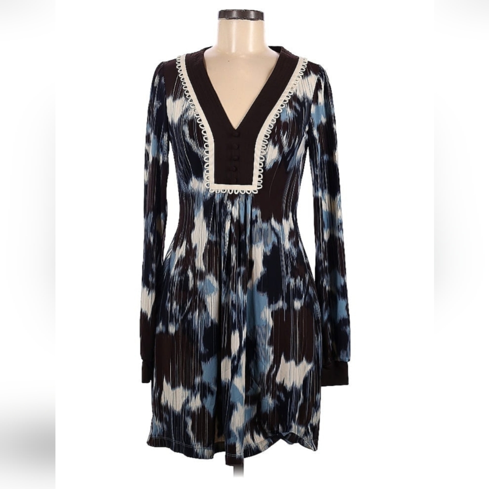 BCBGMaxAzria Blue and Black A-line Dress with V-neck and Bishop Sleeves